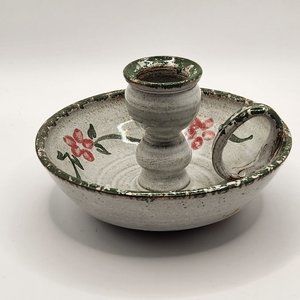 Original Owens Pottery Seagrove NC Chamber Stick Candle Holder Gray Green Rose